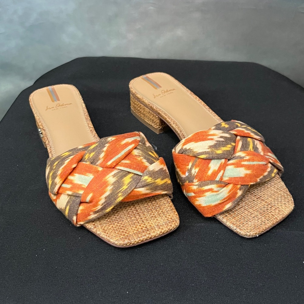 Sam Edelman Dawson Orange Ikat Braided Raffia Block Heel Slide Sandals Womens 7M